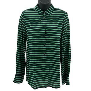 J.Crew Popover Silk Shirt SZ XS Black Green Striped Long Sleeve Button Up Blouse